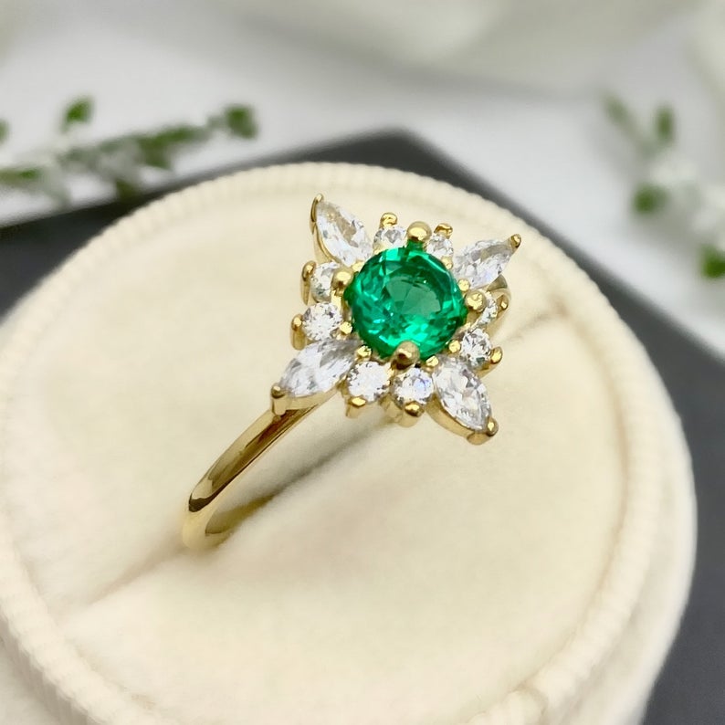 1 CT Round Cut Emerald & Marquise Simulated Diamond 925 Sterling Silver Halo Wedding Ring