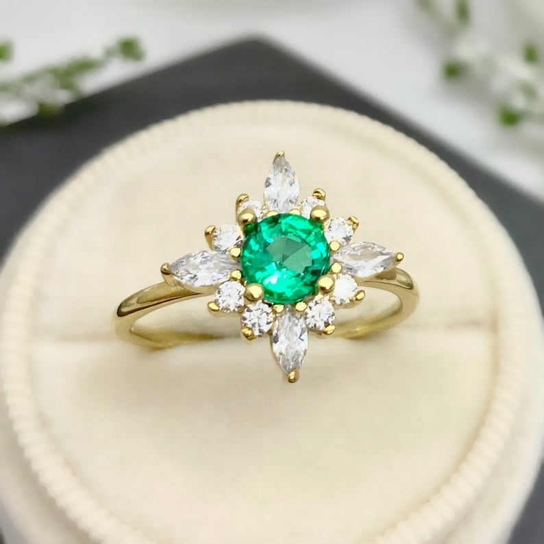 1 CT Round Cut Emerald & Marquise Simulated Diamond 925 Sterling Silver Halo Wedding Ring
