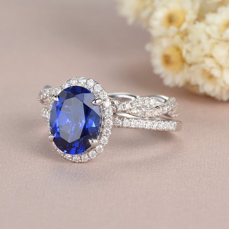 2 CT  Oval Cut Blue Sapphire Diamond White Gold Over On 925 Sterling Silver Infinity Twisted Diamond Band Woman Halo Bridal Ring Set