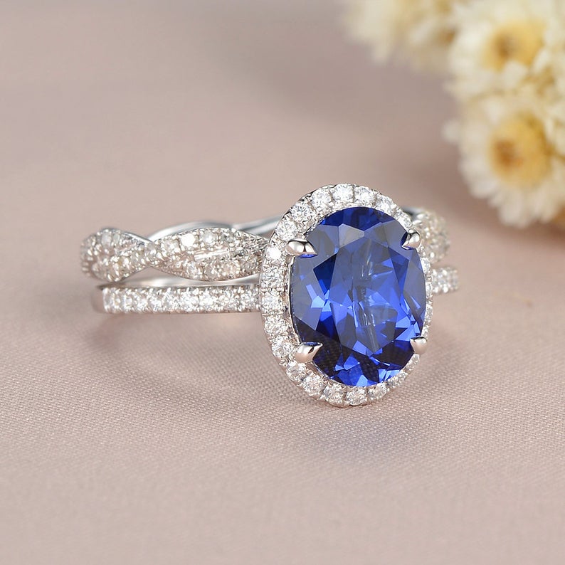 2 CT  Oval Cut Blue Sapphire Diamond White Gold Over On 925 Sterling Silver Infinity Twisted Diamond Band Woman Halo Bridal Ring Set