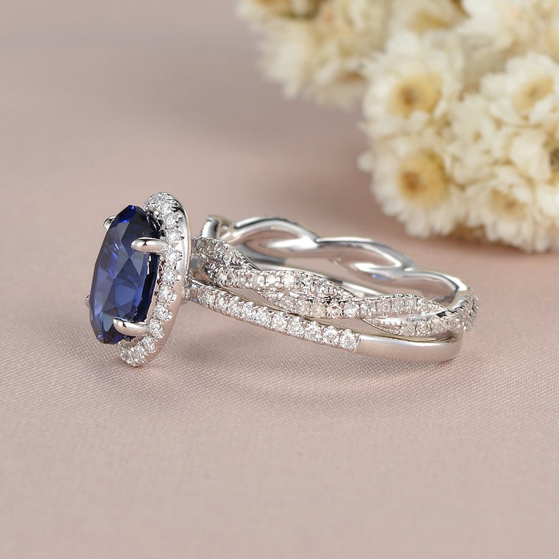 2 CT  Oval Cut Blue Sapphire Diamond White Gold Over On 925 Sterling Silver Infinity Twisted Diamond Band Woman Halo Bridal Ring Set