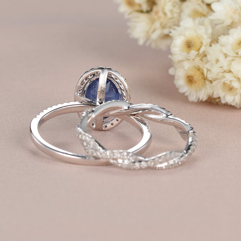 2 CT  Oval Cut Blue Sapphire Diamond White Gold Over On 925 Sterling Silver Infinity Twisted Diamond Band Woman Halo Bridal Ring Set
