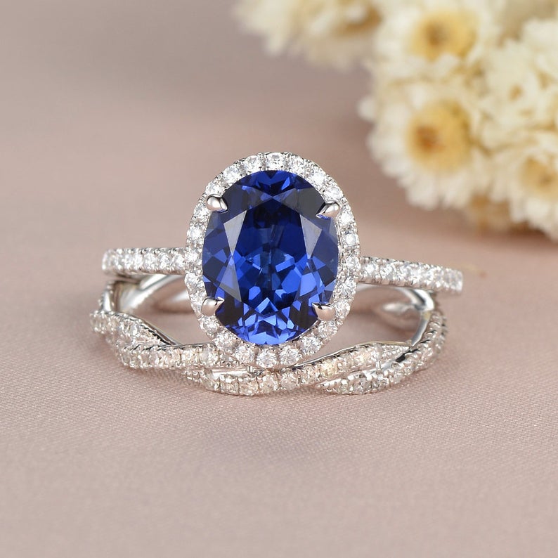 2 CT  Oval Cut Blue Sapphire Diamond White Gold Over On 925 Sterling Silver Infinity Twisted Diamond Band Woman Halo Bridal Ring Set