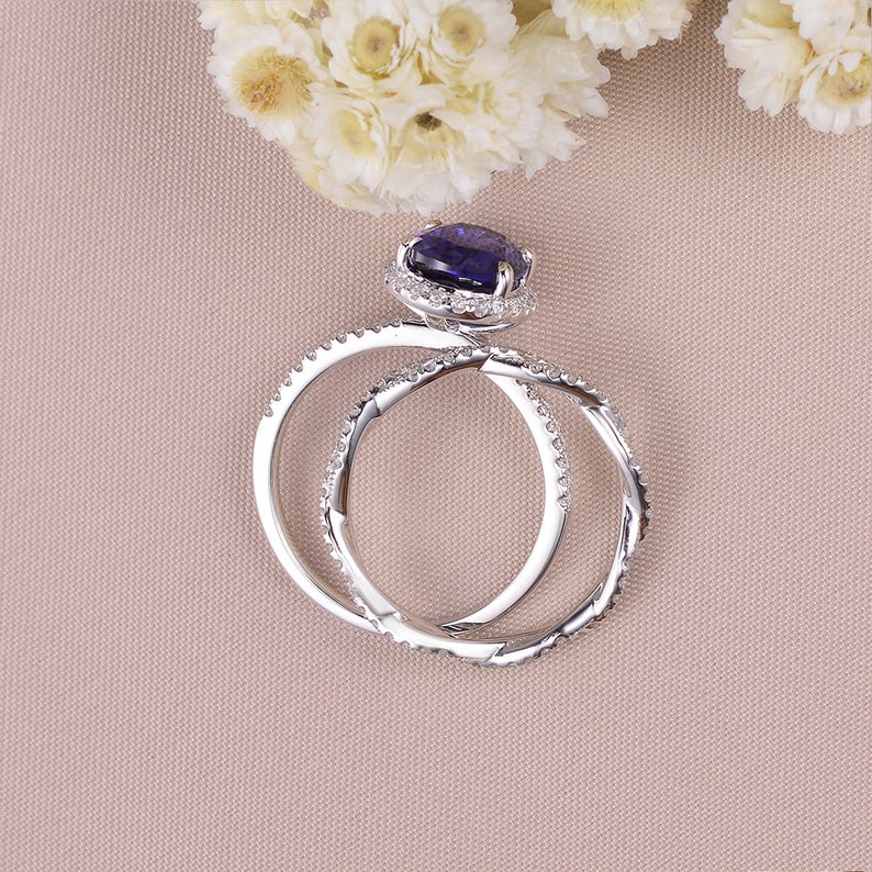 2 CT  Oval Cut Blue Sapphire Diamond White Gold Over On 925 Sterling Silver Infinity Twisted Diamond Band Woman Halo Bridal Ring Set