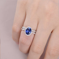 2 CT  Oval Cut Blue Sapphire Diamond White Gold Over On 925 Sterling Silver Infinity Twisted Diamond Band Woman Halo Bridal Ring Set