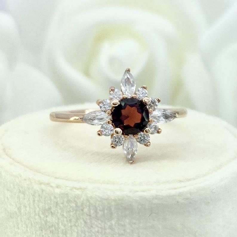 1 CT Round Cut Garnet & Marquise CZ Diamond 925 Sterling Silver Halo Wedding Ring