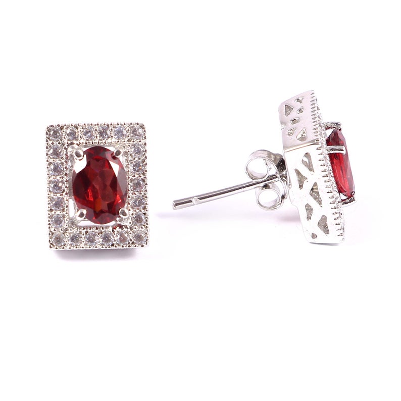 3.50 Ct Oval Cut Red Garnet 925 Sterling Silver Halo Anniversary Gift Stud Earrings