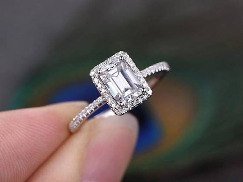 2.20 Ct Emerald Cut White Topaz White Gold Over On 925 Sterling Silver Halo Engagement Ring