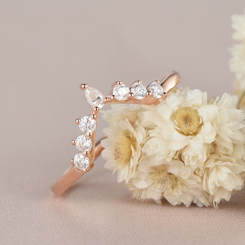 0.75 CT Marquise Cut Diamond Rose Gold Over On 925 Sterling Silver Wedding Band Curved Ring