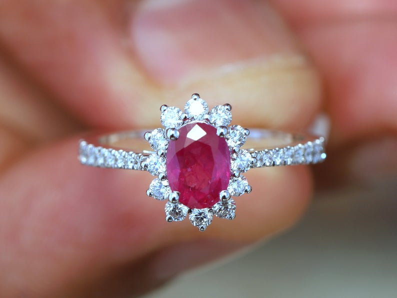 1 CT Oval Cut Pink Ruby Diamond White Gold Over On 925 Sterling Silver Halo Engagement Ring