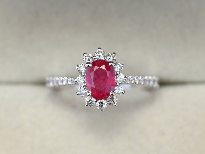 1 CT Oval Cut Pink Ruby Diamond White Gold Over On 925 Sterling Silver Halo Engagement Ring