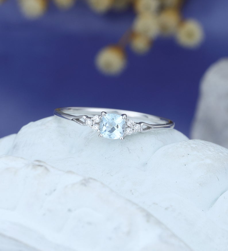 1.50 Ct Cushion Cut Aquamarine 925 Sterling Silver Solitaire W/Accents Anniversary Gift Ring