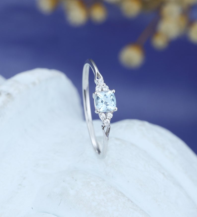 1.50 Ct Cushion Cut Aquamarine 925 Sterling Silver Solitaire W/Accents Anniversary Gift Ring