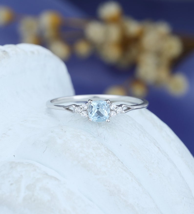 1.50 Ct Cushion Cut Aquamarine 925 Sterling Silver Solitaire W/Accents Anniversary Gift Ring
