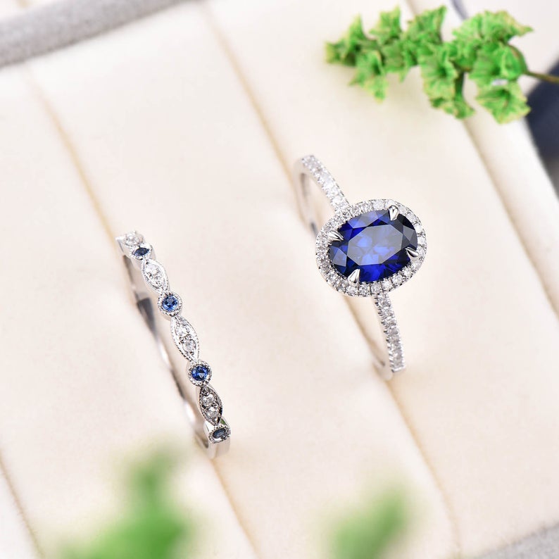 3 CT Oval Cut Blue Sapphire Diamond 925 Sterling Silver Halo Engagement Bridal Ring Set