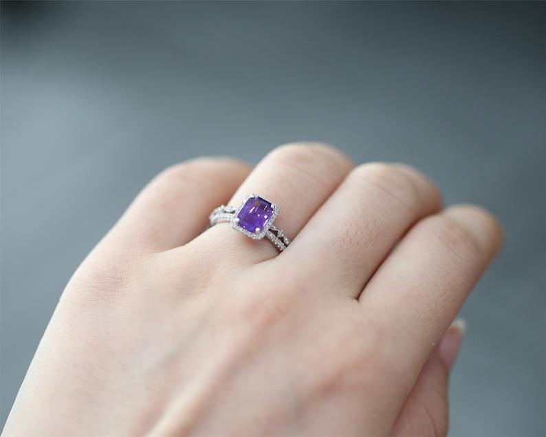 1 CT Emerald Cut Amethyst Diamond White Gold Over On 925 Sterling Silver Halo Bridal Ring Set