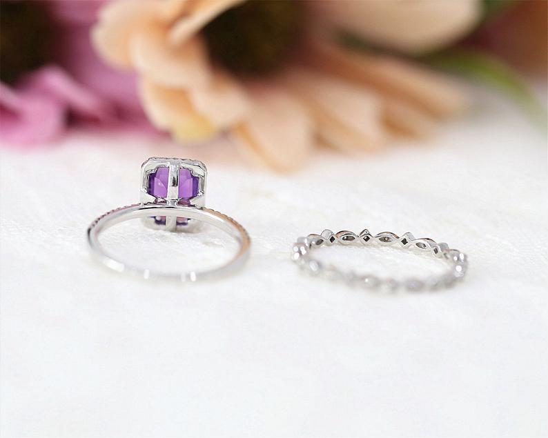 1 CT Emerald Cut Amethyst Diamond White Gold Over On 925 Sterling Silver Halo Bridal Ring Set