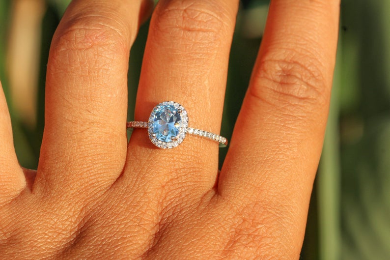 CT Oval Cut Aquamarine Diamond 925 Sterling Sliver Anniversary Halo Ring