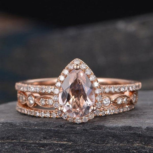 2 CT Pear Cut Pink Morganite Diamond 925 Sterling Silver Trio Wedding Set