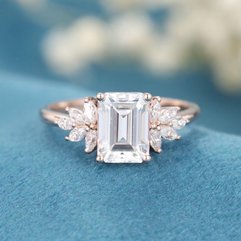 1 CT Emerald Cut White Topaz Diamond Rose Gold Over On 925 Sterling Silver Cluster Engagement Ring