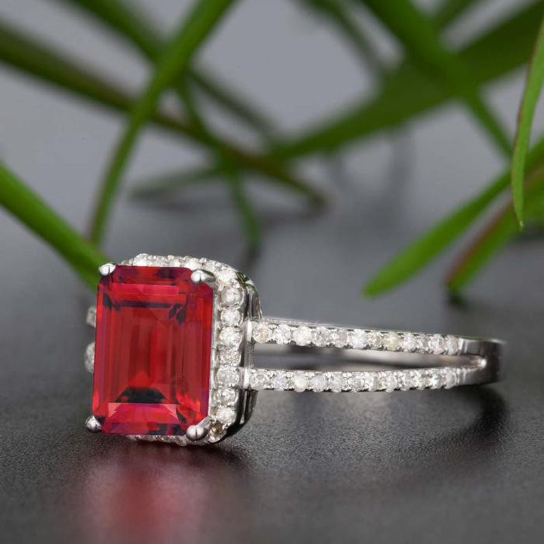 1 CT Emerald Cut Red Ruby and CZ Diamond 925 Sterling Silver Halo Anniversary Ring Gift for her