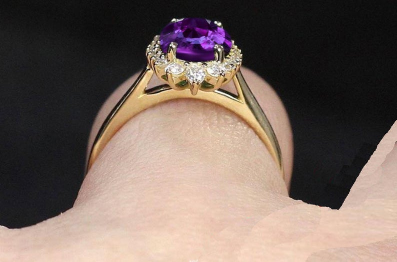 1 CT Oval Cut Amethyst Diamond Yellow Gold Over On 925 Sterling Silver Halo Vintage Promise Ring