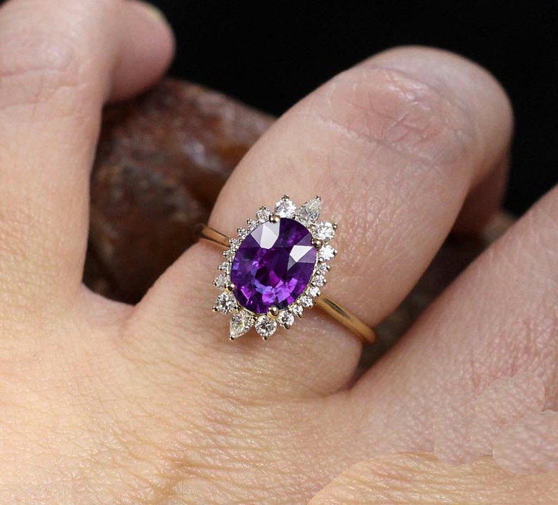 1 CT Oval Cut Amethyst Diamond Yellow Gold Over On 925 Sterling Silver Halo Vintage Promise Ring