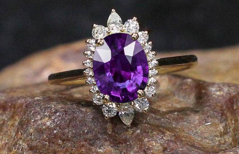 1 CT Oval Cut Amethyst Diamond Yellow Gold Over On 925 Sterling Silver Halo Vintage Promise Ring