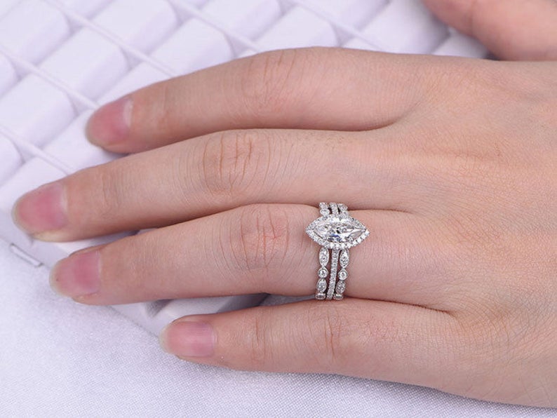 2 CT Marquise Cut Diamond 925 Sterling Silver Halo Engagement Trio Ring Set