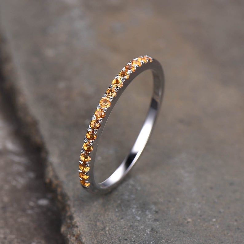 0.75 Ct Round Cut Yellow Citrine 925 Sterling Silver Half Eternity Engagement Band Ring