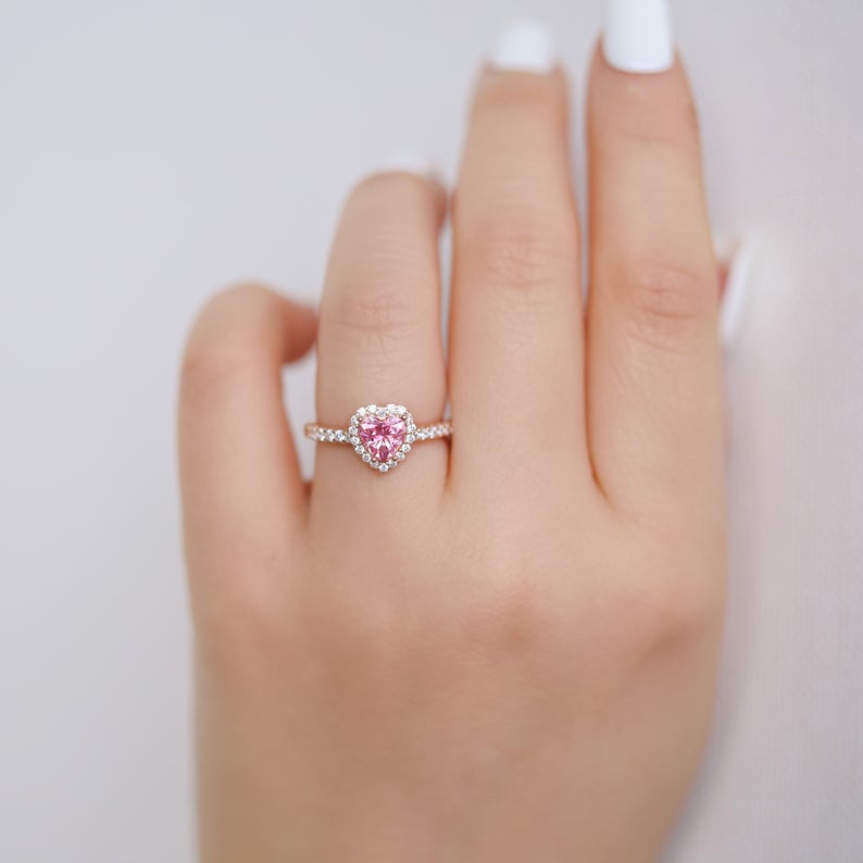 1 CT 925 Sterling Silver Pink Sapphire Heart Cut Diamond Halo Anniversary Ring
