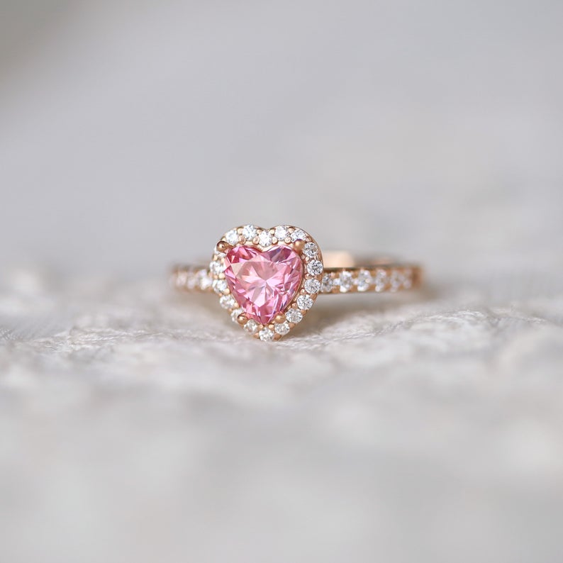 1 CT 925 Sterling Silver Pink Sapphire Heart Cut Diamond Halo Anniversary Ring