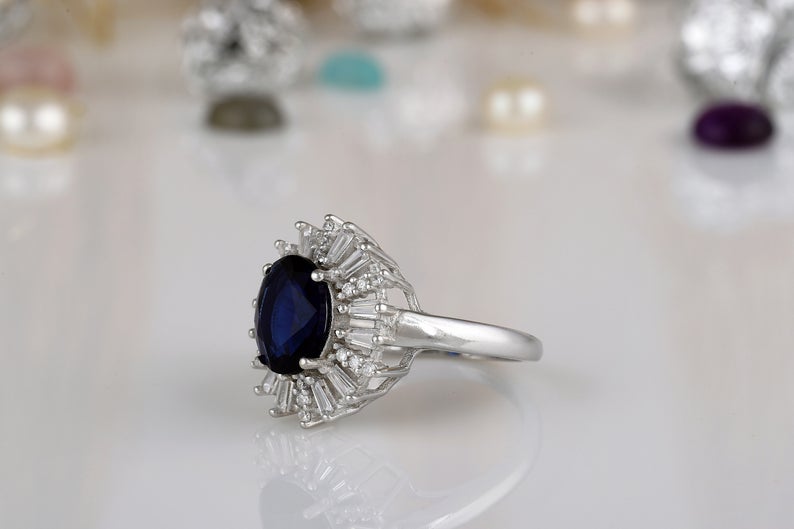 1 CT Oval Cut Blue Sapphire Diamond White Gold Over On 925 Sterling Silver Cluster Engagement Ring