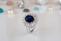 1 CT Oval Cut Blue Sapphire Diamond White Gold Over On 925 Sterling Silver Cluster Engagement Ring
