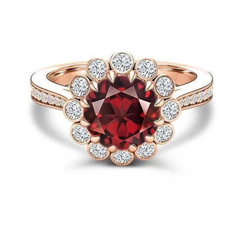 3 CT Round Cut Red Garnet Diamond 925 Sterling Silver Halo Wedding Ring