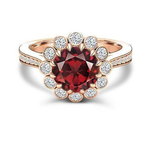 3 CT Round Cut Red Garnet Diamond 925 Sterling Silver Halo Wedding Ring