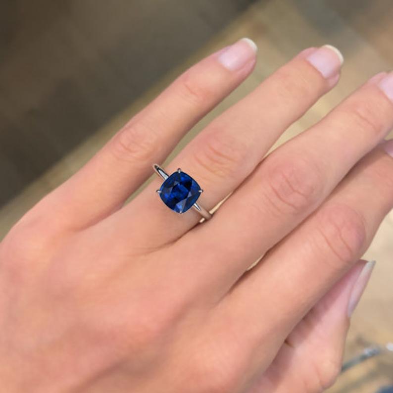 3 CT Cushion Cut Blue Sapphire Diamond White Gold Over On 925 Sterling Silver Solitaire Engagement Ring