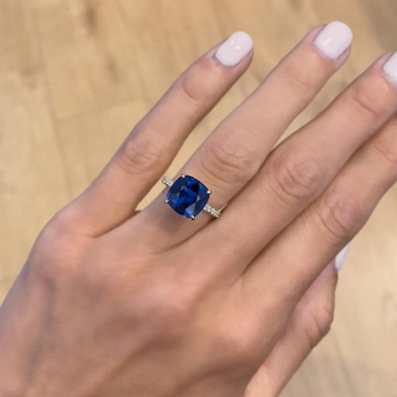 1 CT Cushion Cut Blue Sapphire Diamond White Gold Over On 925 Sterling Silver Halo Anniversary Ring
