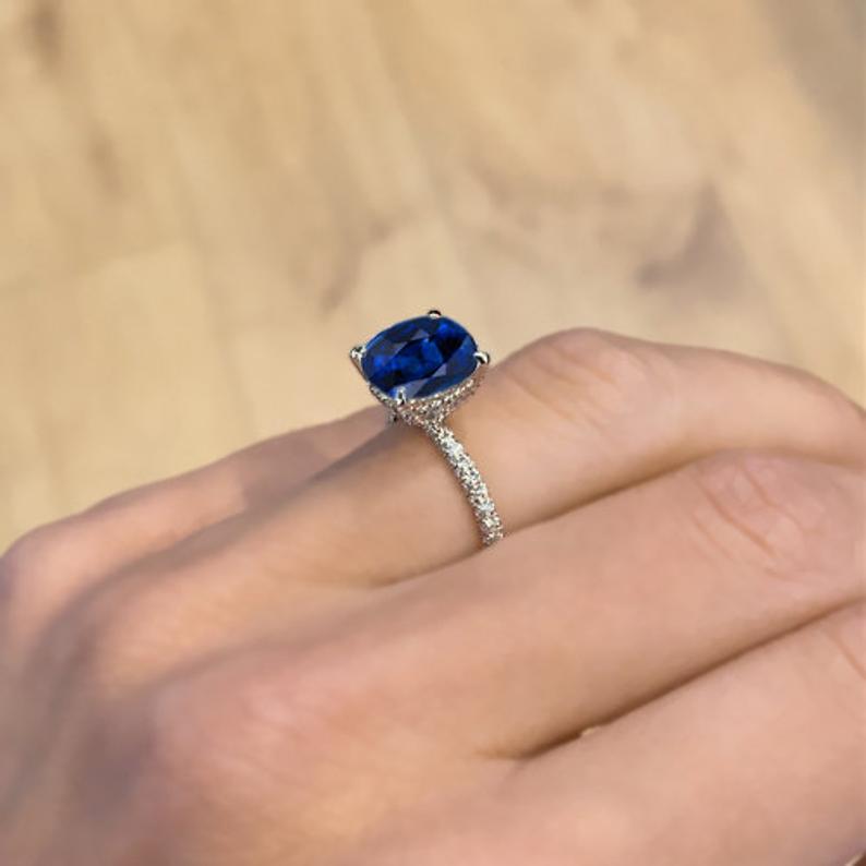 1 CT Cushion Cut Blue Sapphire Diamond White Gold Over On 925 Sterling Silver Halo Anniversary Ring