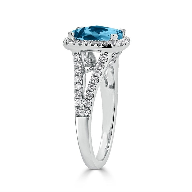 1 CT Cushion Cut Blue Topaz Diamond 925 Sterling Silver Halo Split Shank Promise Gift Ring