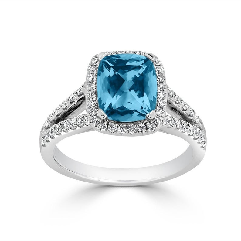 1 CT Cushion Cut Blue Topaz Diamond 925 Sterling Silver Halo Split Shank Promise Gift Ring