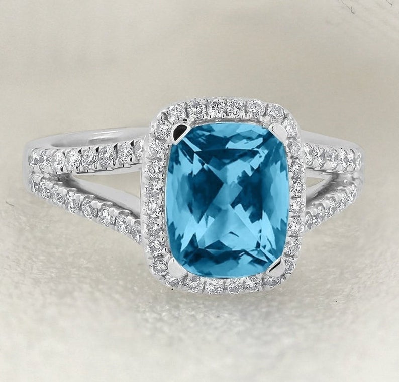 1 CT Cushion Cut Blue Topaz Diamond 925 Sterling Silver Halo Split Shank Promise Gift Ring