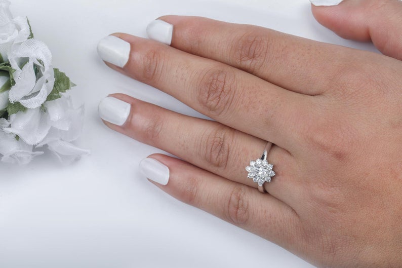 1.5 CT Oval Cut Diamond White Gold Over On 925 Sterling Silver Halo Wedding Ring