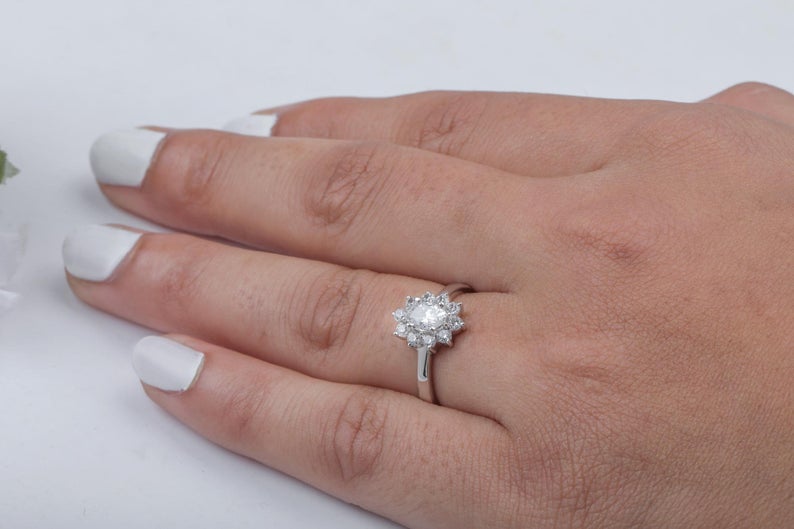 1.5 CT Oval Cut Diamond White Gold Over On 925 Sterling Silver Halo Wedding Ring