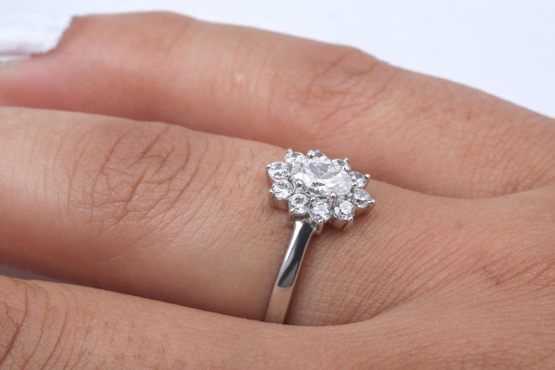 1.5 CT Oval Cut Diamond White Gold Over On 925 Sterling Silver Halo Wedding Ring