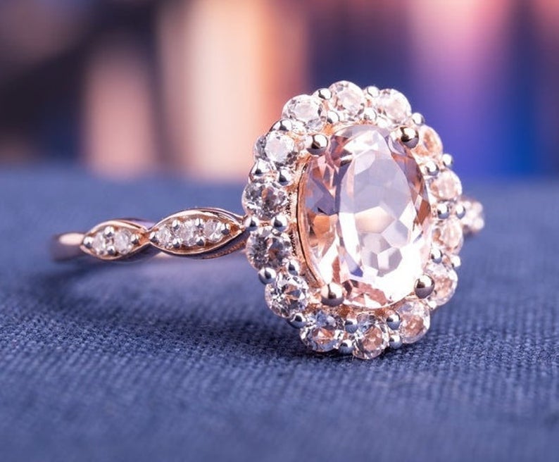 1 CT Oval Cut Morganite Diamond Rose Gold Over On 925 Sterling Silver Halo Wedding Gift Ring For Her