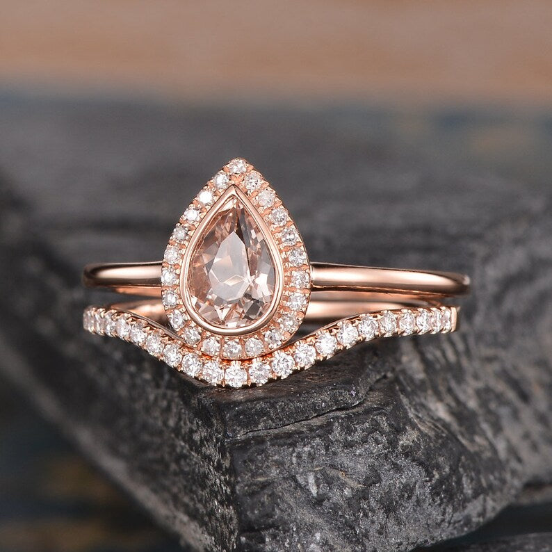 2.50 Ct Pear Cut Peach Morganite Halo Bridal Ring Set Rose Gold Over On 925 Sterling Silver