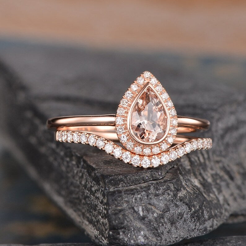 2.50 Ct Pear Cut Peach Morganite Halo Bridal Ring Set Rose Gold Over On 925 Sterling Silver