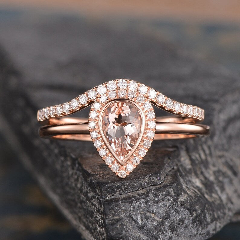 2.50 Ct Pear Cut Peach Morganite Halo Bridal Ring Set Rose Gold Over On 925 Sterling Silver