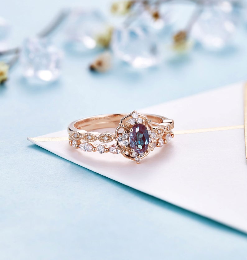 1 CT Oval Cut Alexandrite Diamond 925 Sterling Silver Bridal set Anniversary ring